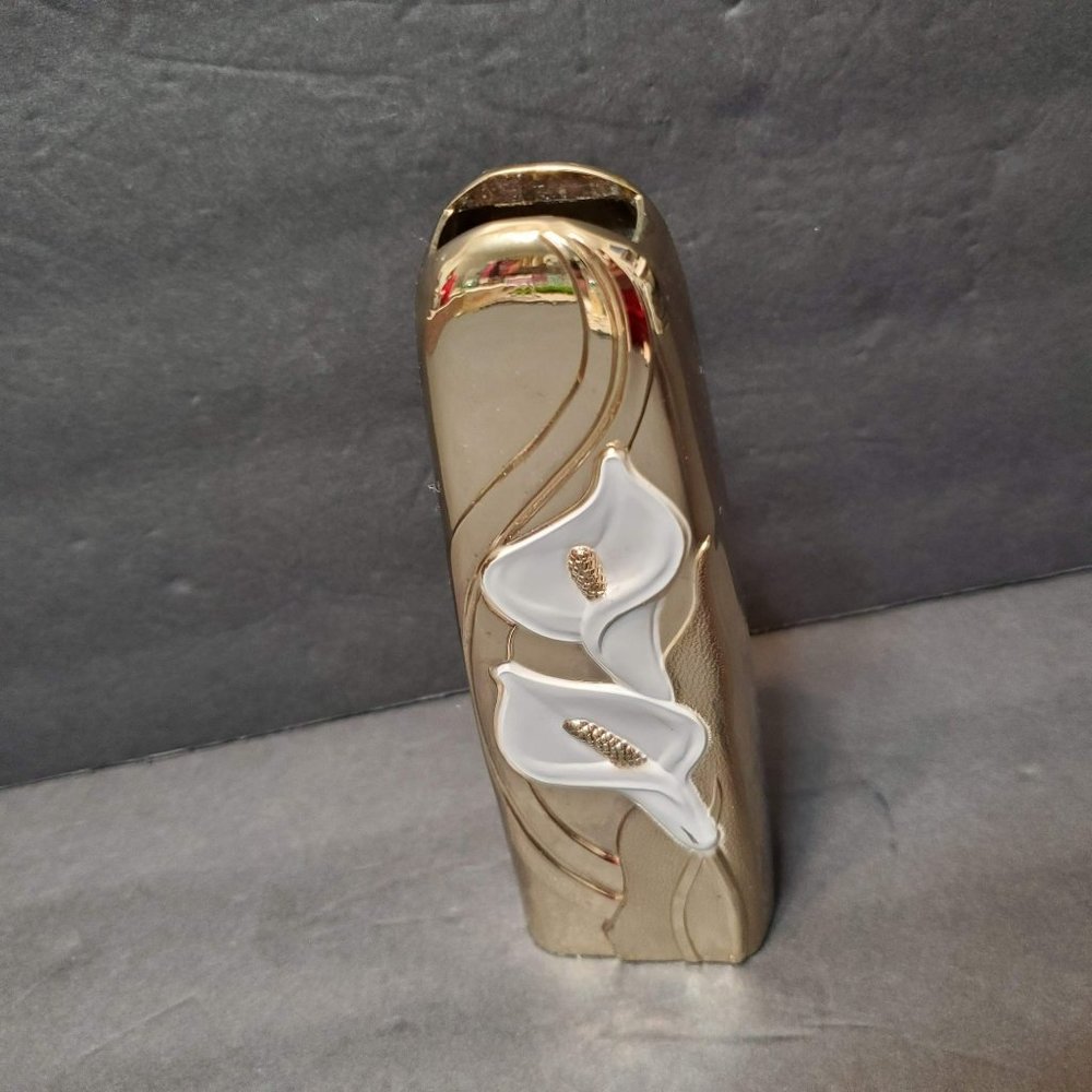 Vintage Gold Finish Calla Lily Bud Vase, Made in Japan Brass Vase Enamel Flowers